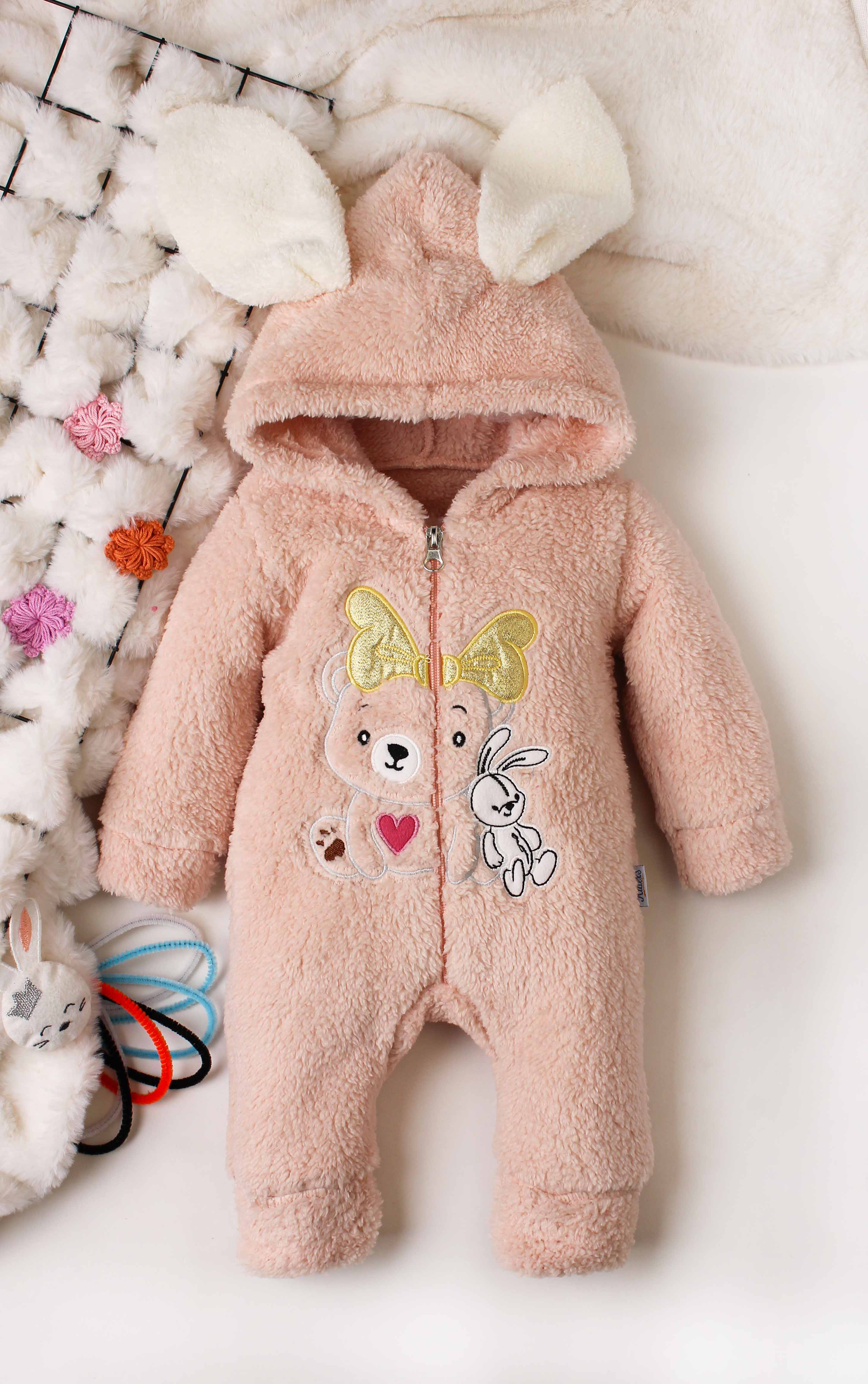 Kapüşonlu Tavşan Kulaklı Nakışlı Peluş Kız Bebek Tulum 0-12 Ay